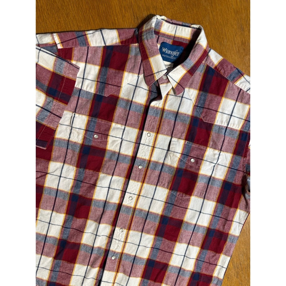 Wrangler Western Shirt Mens XL Red Blue Plaid Snap Pearl Flannel Cotton